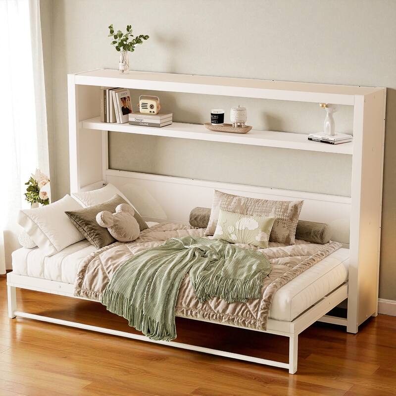 Twin Size Metal Murphy Bed with Storage Shelves, Foldable Wall Bed Frame for Guest Room or Apartment, Space-Saving Design - White - Twin