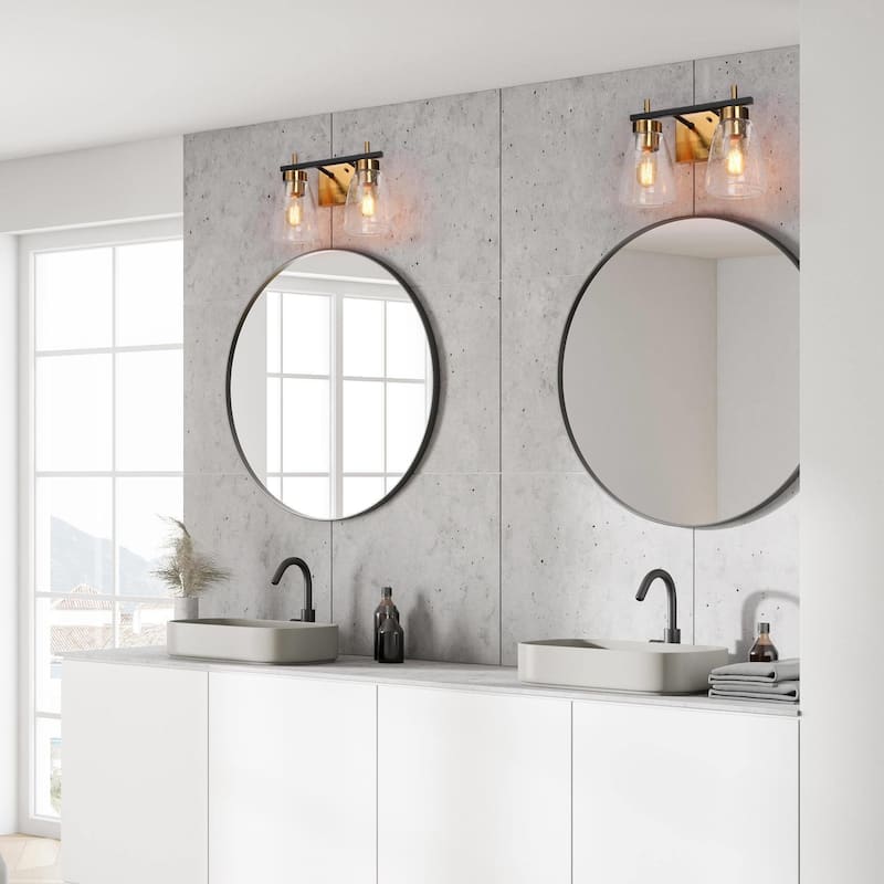 Modern Industrial Black 2-Light Bathroom Vanity Lights with Seeded Glass for Powder Room - L 13" x W 6.7" x H 8.7"