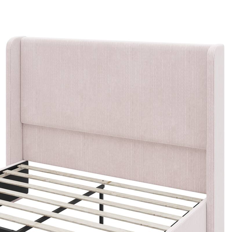 Corduroy Upholstered Platform Bed with Metal Frame Wood Slat Bed, Vertical Stripe Wingback Bed High Footboard Sleigh Panel Bed