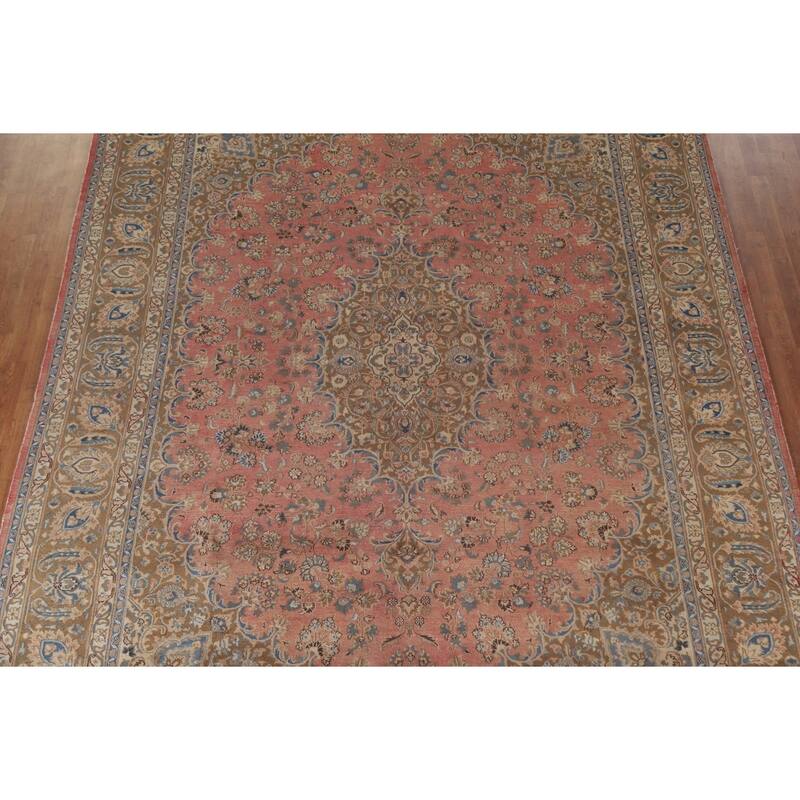 Hand Knotted Oriental 100% Wool Carpet Traditional Floral Pink Mashad Area Rug - 12' 10'' X 9' 7''