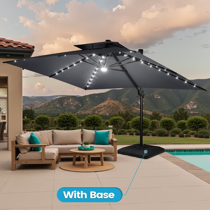 13 x 10 FT Solar Powered LED Light Patio Cantilever Umbrella Aluminum Pole with Base