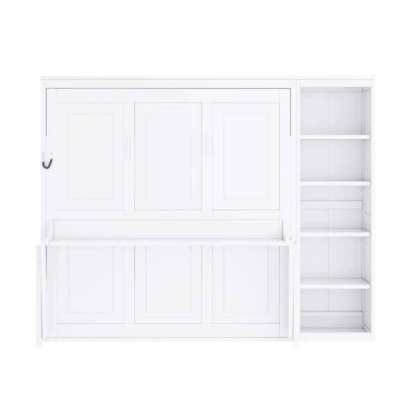 Queen/Full Size Wood Murphy Bed Foldable Wall Bed with Desk and Bookshelf