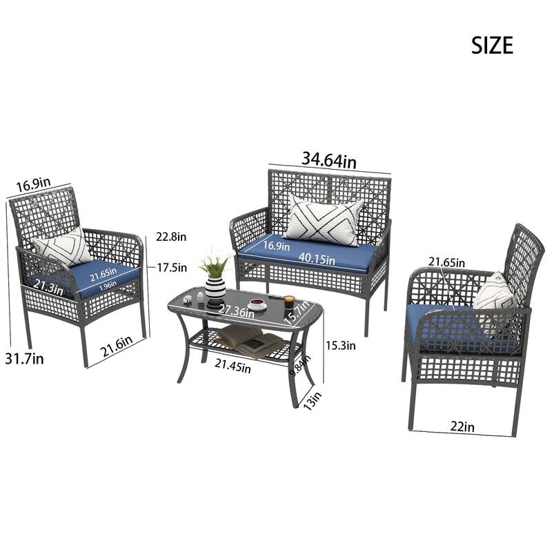4-Piece Outdoor Wicker Patio Set with Cushions and Storage Table, PE Rattan Garden Sofa Conversation Furniture