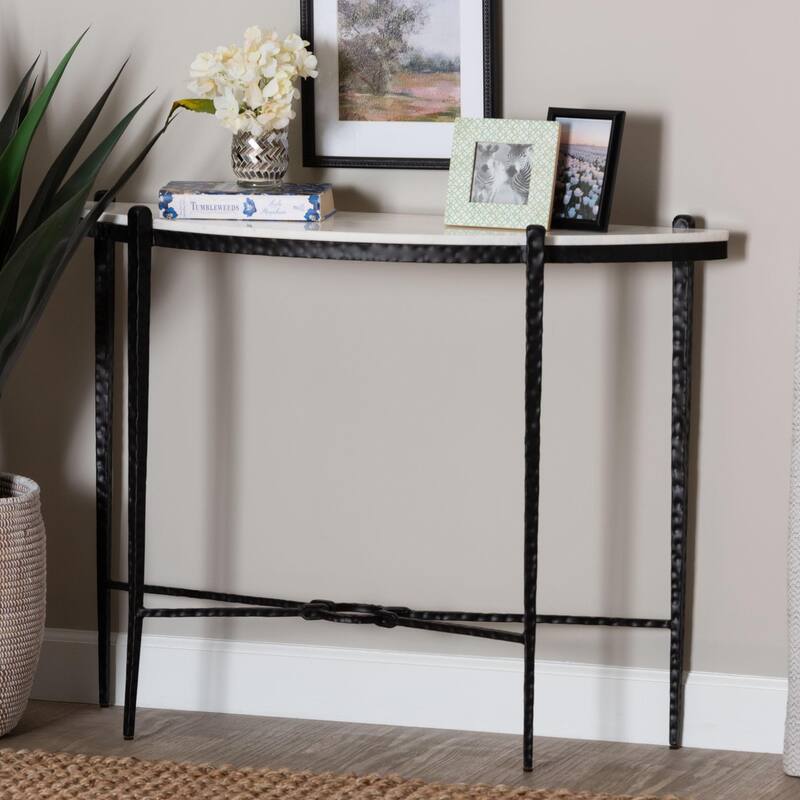 Caledon Marble Console Table - Modern Rustic Accent Table with Hand-Forged Metal Frame and Half-Moon Tabletop