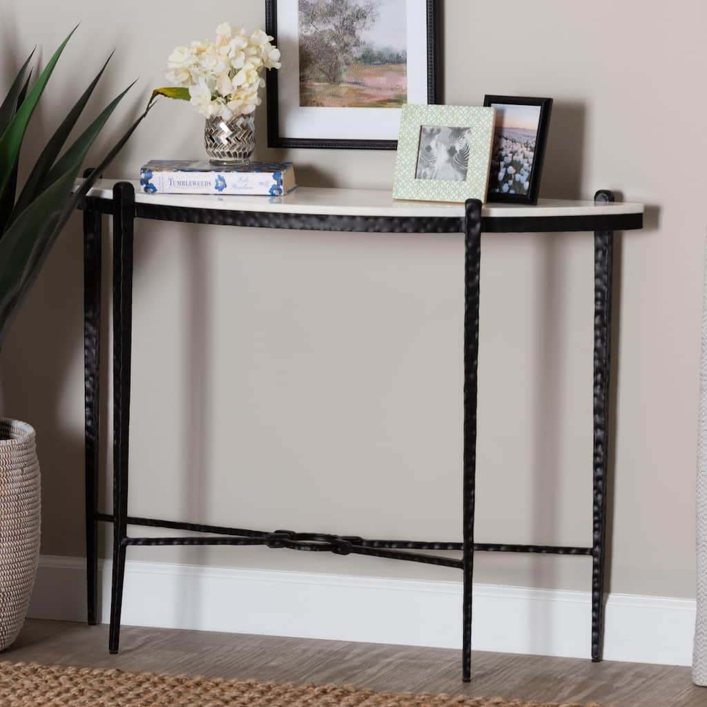 Caledon Marble Console Table - Modern Rustic Accent Table with Hand-Forged Metal Frame and Half-Moon Tabletop