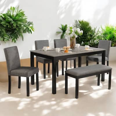 6-Piece Dining Table Set with Bench & 4 Upholstered Chairs - Solid Wood Frame, Linen Fabric Seats for Kitchen or Dining Room