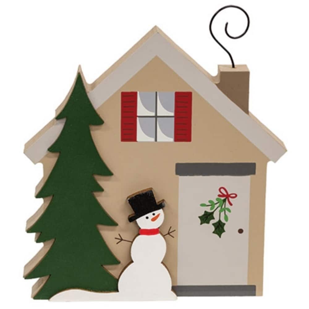 Snowman & Pine Tree Chunky Wooden Winter House Sitter - 5.50” x 0.75” x 6”