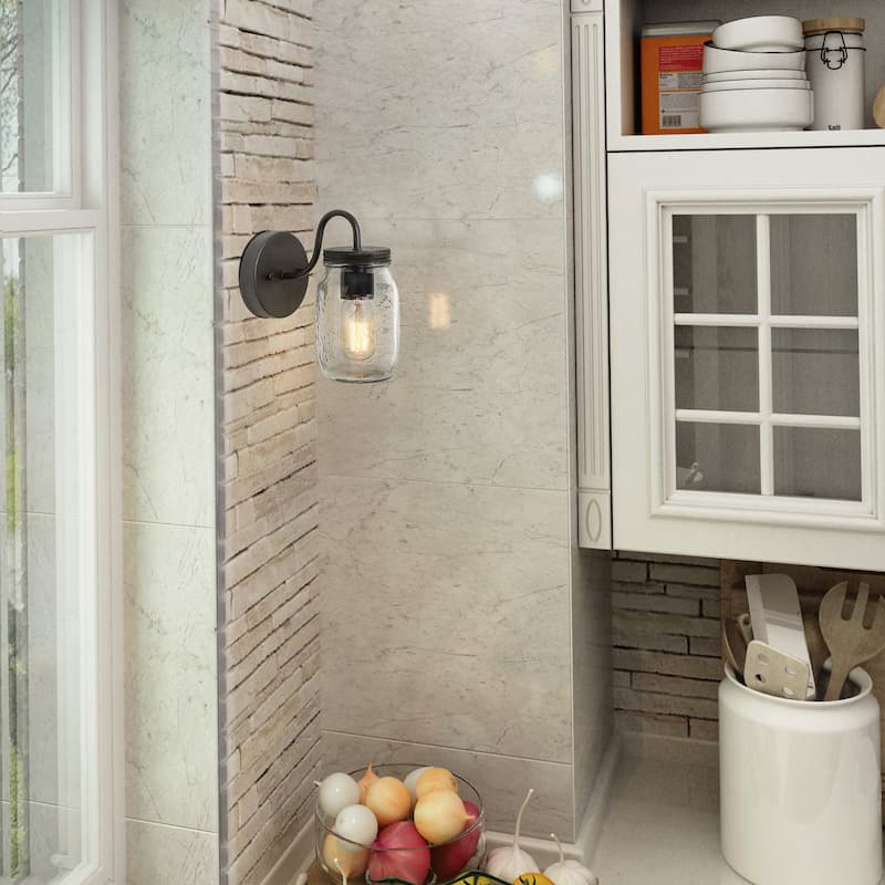 Farmhouse Industrial 1-Light Glass Wall Sconce Mason Jar Bathroom Vanity Lights - W4.75" x E7" x H8.75"