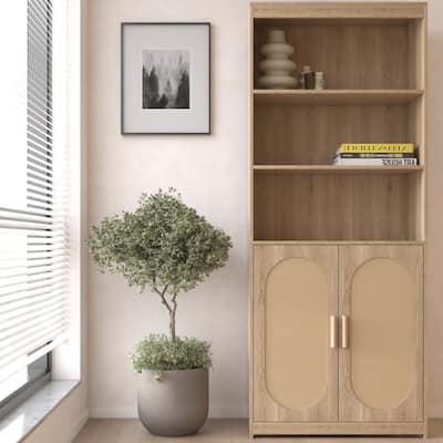 Bookshelf 5 Tier Book Shelf Rattan Tall Bookcase with Doors Storage - 29.1"W x 14"D x 71.7"H