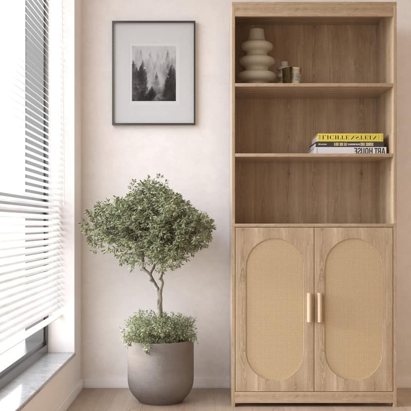 Bookshelf 5 Tier Book Shelf Rattan Tall Bookcase with Doors Storage - 29.1"W x 14"D x 71.7"H