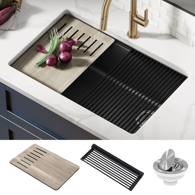 KRAUS Bellucci Workstation Undermount Granite Composite Kitchen Sink - 29" L x 19" W (sink KGUW2-30MBL) - Metallic Black