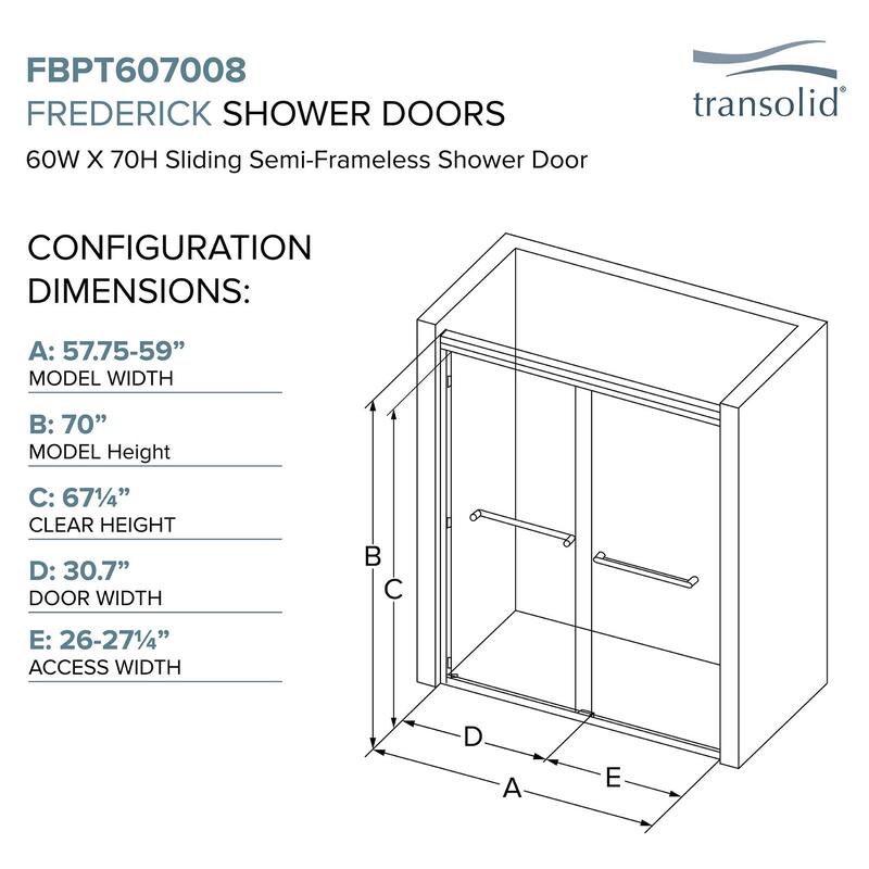 Transolid FBPT607008C-J 70" High x 59" Wide Bypass Frameless Shower
