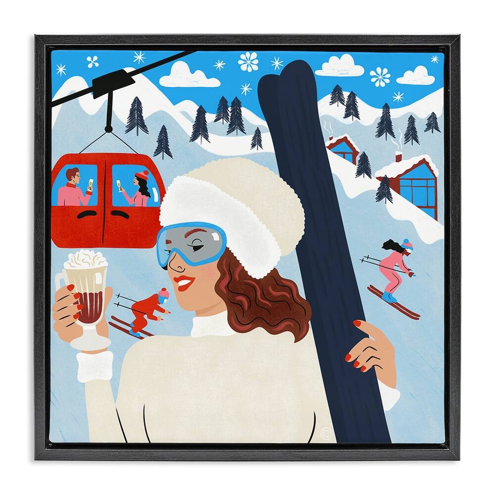 Stupell Sipping Cocoa on Ski Lift Framed Floater Canvas Wall Art Design By Carrie Cantwell