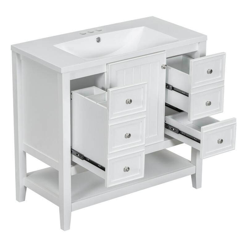 36" Bathroom Vanity with Ceramic Sink，Freestanding Bathroom Vanity Cabinet with 1 Door, 3 Storage Drawers and Adjustable Shelf