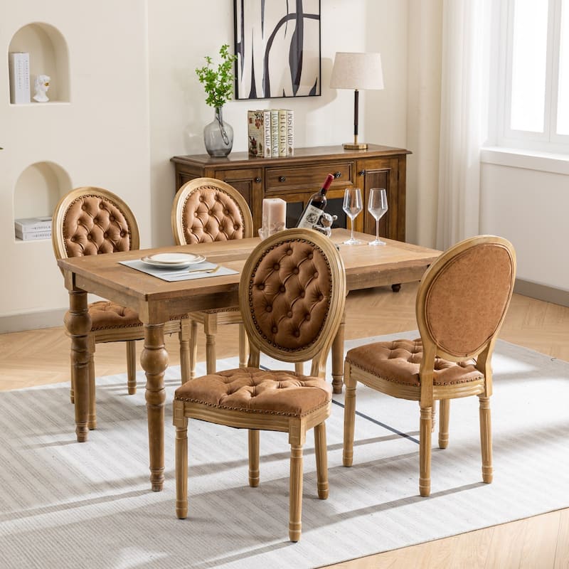 French Dining Chair Set of 2 Leather Upholstered Dining Chair Solid Wood Frame Oval Backrest Side Chair Without Arms
