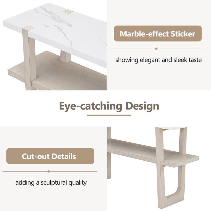 Wooden Narrow Console Table with Marble Effect Top, 54" Retro Rectangular Entryway Sofa Table with Open Shelf