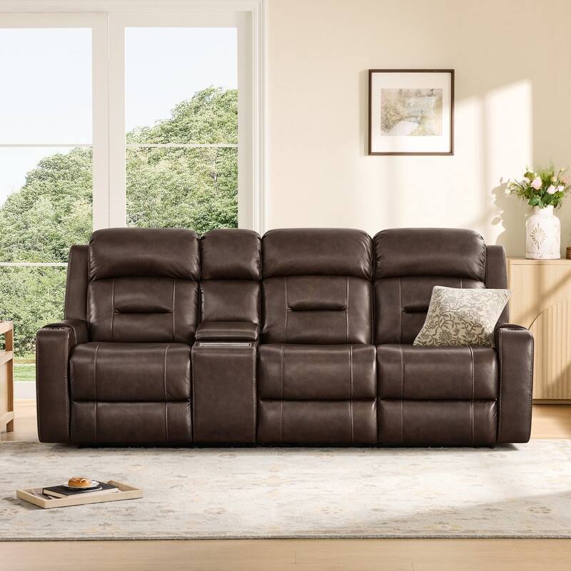 Spruce & Spring Genuine Leather Power Reclining Sofa with Wireless Charging - 3PC+Console - Brown