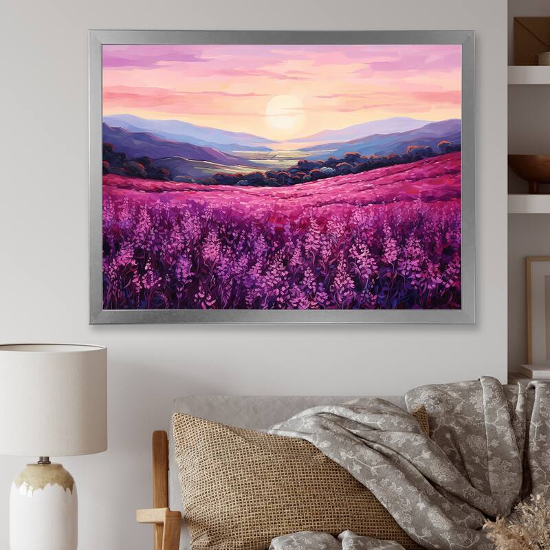 Designart "Bloomed Flower Horizons At Sunset I" Flower Framed Wall Art Prints - 32 in. wide x 24 in. high - Silver