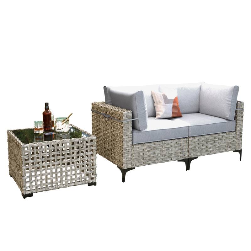 OVIOS 3 Pieces Outdoor Wicker Furniture Set With Solar-Powered Coffee Table