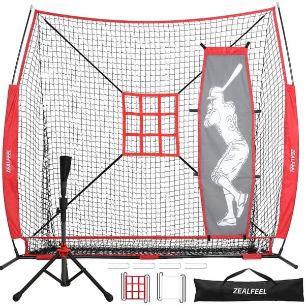 slide 2 of 5, Zealfeel 7 x 7 ft Baseball Net Set: Batting Tee, Dummy Batter, 2 Strike Zones & Carry Bag - 7 x 7 ft 7 x 7 ft - ‎Black & Red