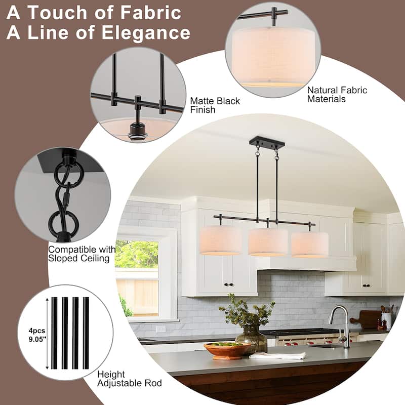 Starsky 3-Light Modern Linear Drum Fabric Kitchen Island Lights