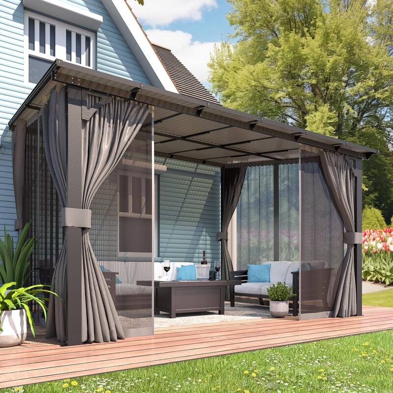 AECOJOY Gazebo for Patio, Small Wall-Mounted Lean to Pergola 8x8 Gazebo with Curtains and Netting, Hard Top Gazebo on Clearance