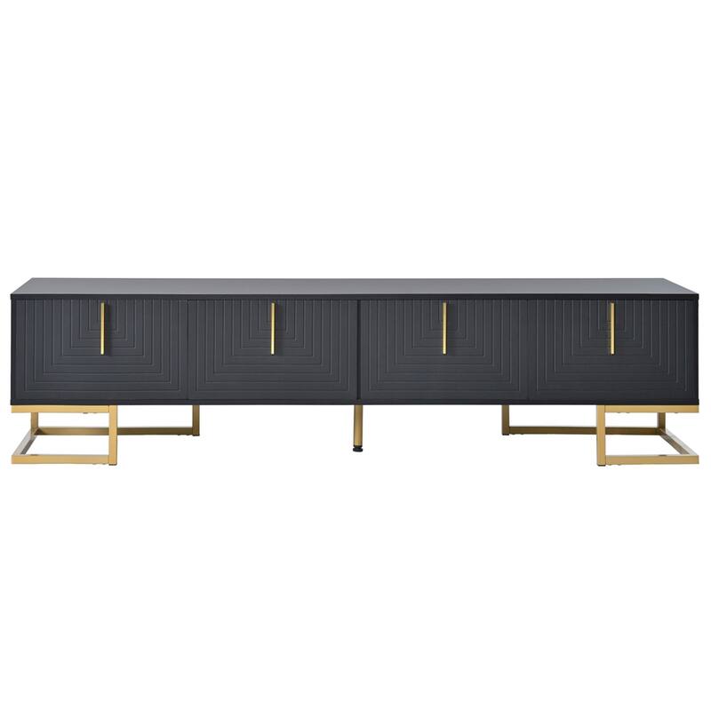 Modern TV Stand with Metal Legs and Gold Handles - Black+Gold
