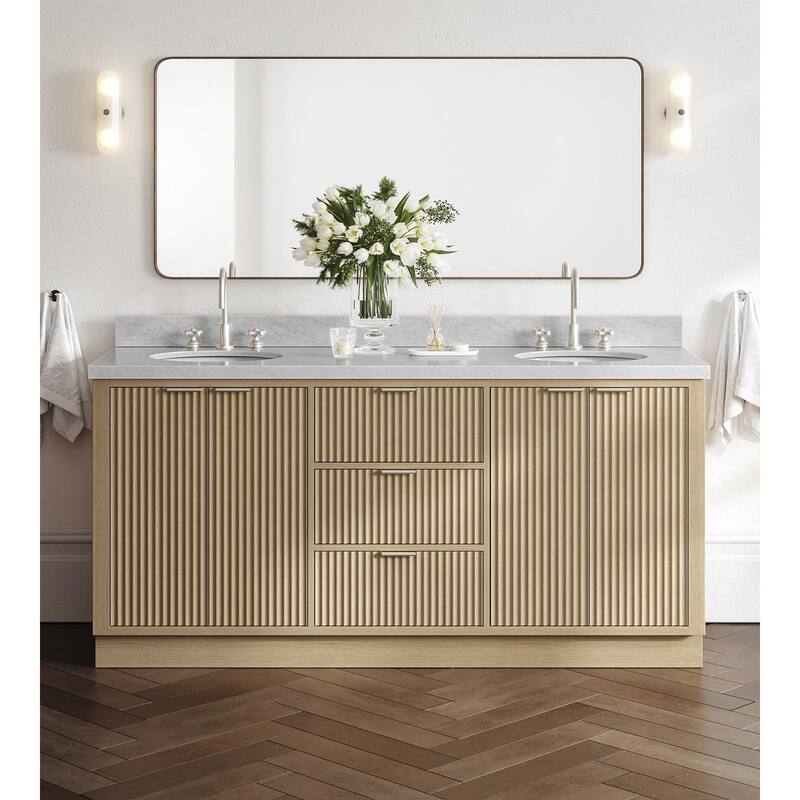 Ariel P73DCWOVO Milan 73" Free Standing Double Oval Basin Vanity Set - Oak / Italian Carrara Marble / Brushed Nickel