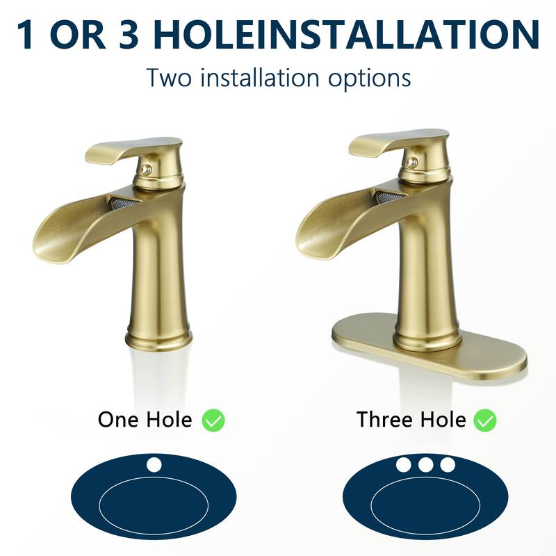 Modern Single Handle Single Hole Bathroom Sink Faucet with Pop Up Drain and Supply Line, Waterfall Spout Design