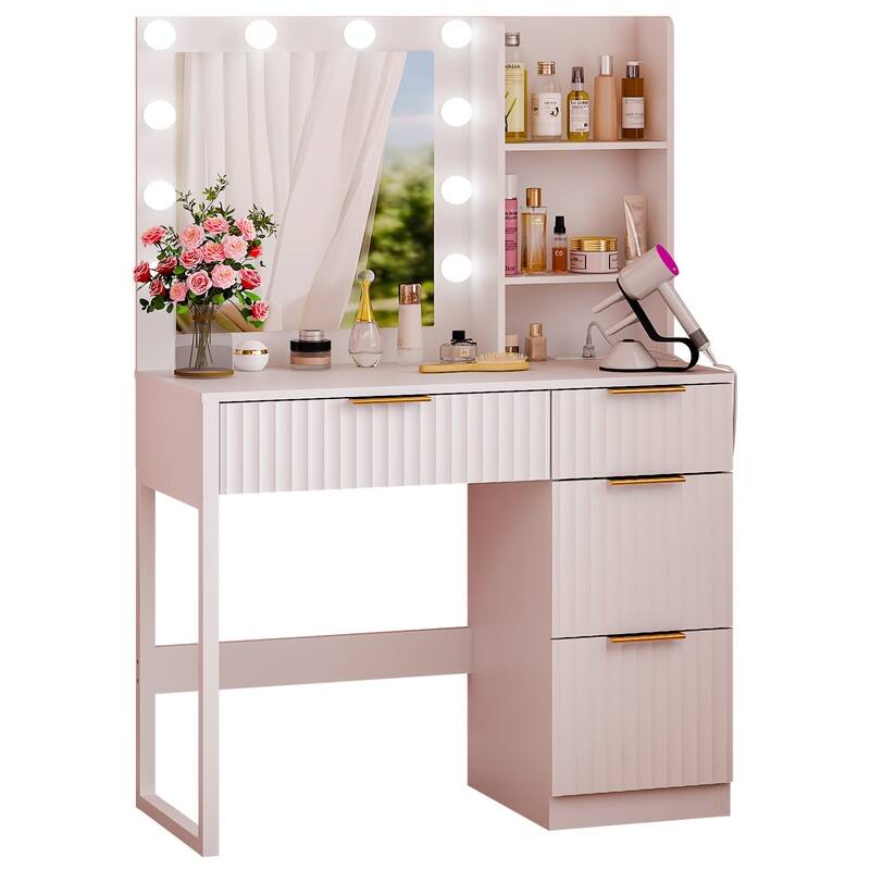 Particle Board Veneered with Textured Melamine 4-drawer 2-shelf with 10 Three-color Dimmable Bulbs Dressing Table - N/A - White