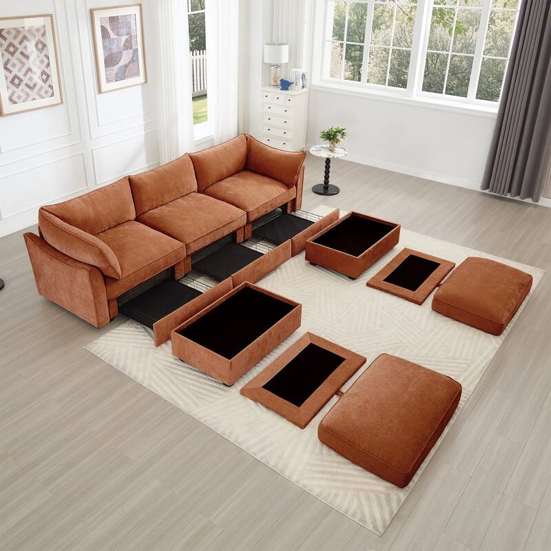 U-Shape 3-Deep Seater Sofa Couch with 2 Movable Storage Ottomans & Pull Out Drawers