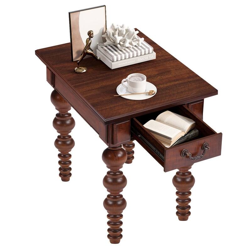 Retro 24" Solid Wood End Table with Drawer Easy Assembly Vintage Narrow Sofa Side Table for Living Room