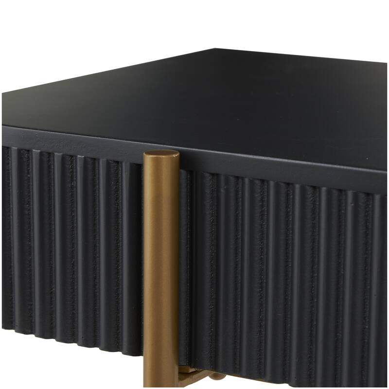 Black Wooden Rounded Rectangular Ribbed Living Room Console Table with Gold Metal Legs