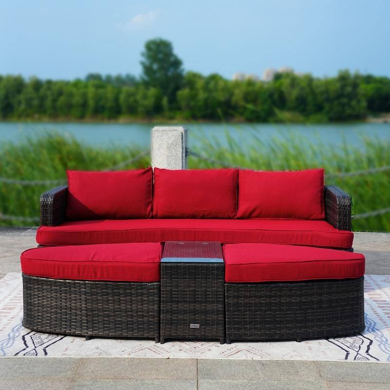 5-piece Patio Wicker Daybed Sectional Sofa Set with Side Table