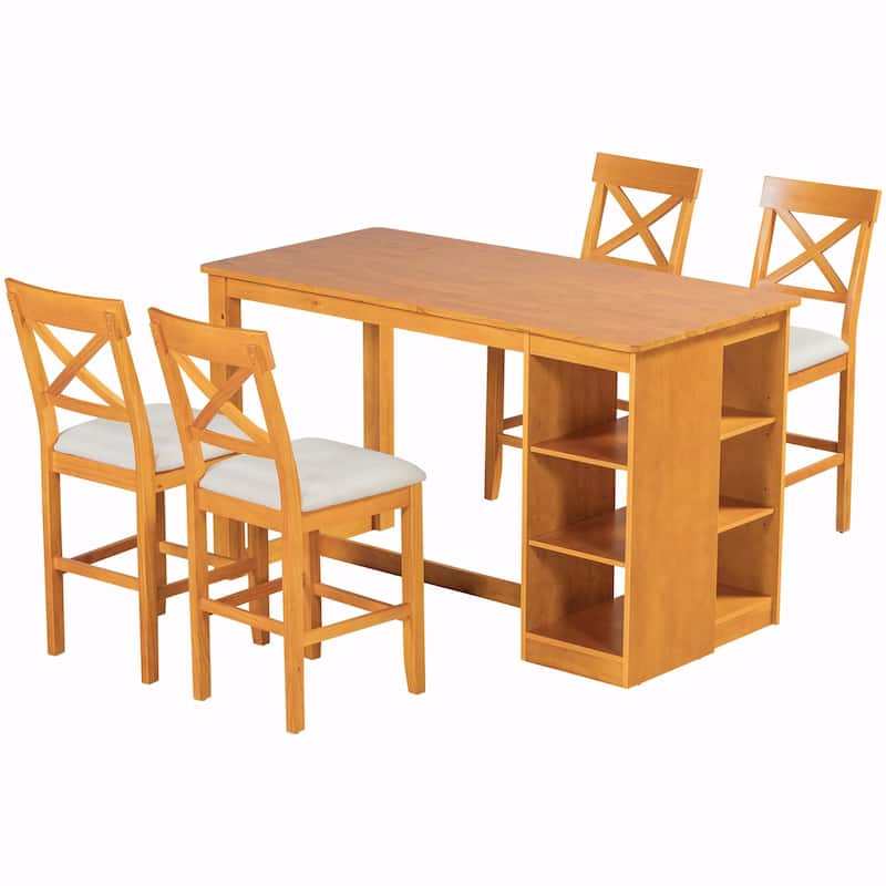 60"L x 30"W Solid Wood Farmhouse Counter Height Dining Table Set with 3-Tier Storage Shelves