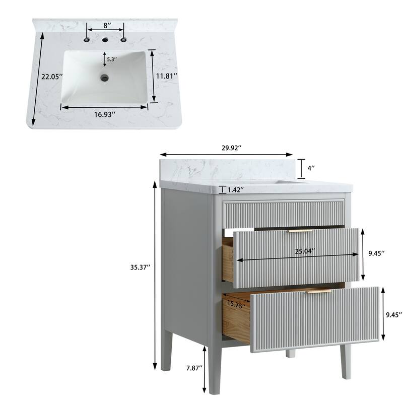 Modland 30" Freestanding Bathroom Vanity with Carrara Marble Top - Soft-Close Drawers,Green / Grey - 30 inch