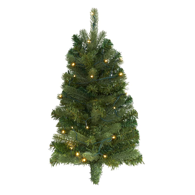2ft. Flat Back Wall Hanging Artificial Christmas Tree with 20 Clear LED Lights - Compact Space-Saving Holiday X-Mas Décor