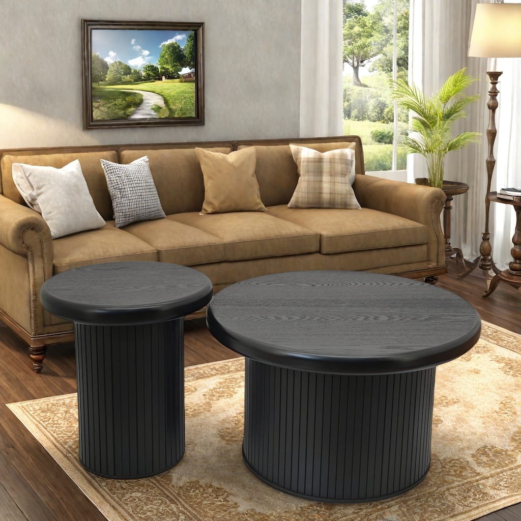 MDF Round Fluted-Leg Coffee Table Set with Dual-Table Design and Versatile Use