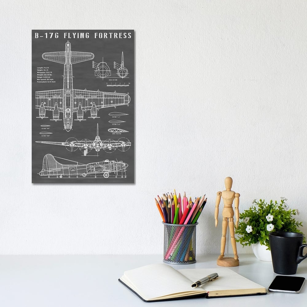 iCanvas "B-17 Vintage Bomber Airplane In Black" by Action Blueprints Canvas Print