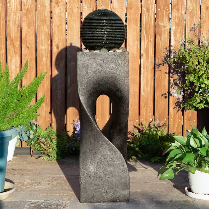 Glitzhome Modern Geometric Oversized Pedestal Sphere Polyresin Outdoor Floor Fountain with Pebbles - Grey - 36.5"H