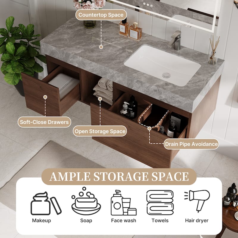 48" Mid Century Single Bathroom faux marble Vanity with Top, Solid Wood, Floating Vanities for Bathroom - 47.6" x 19.6"