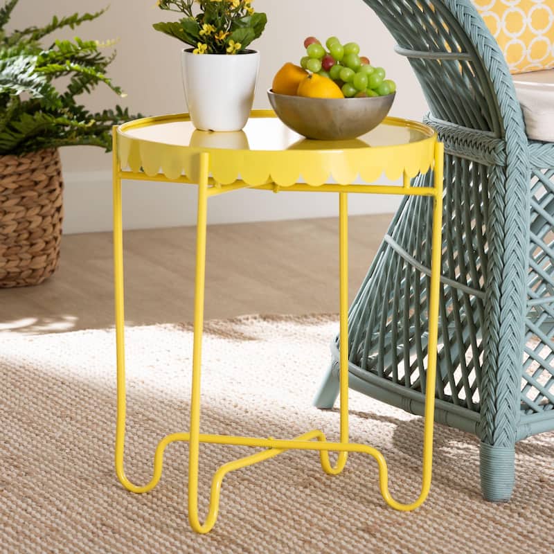 Laverne Metal Side Table with Scalloped Tray Top - Round Accent Table with Decorative Base for Indoor or Semi-Outdoor Use