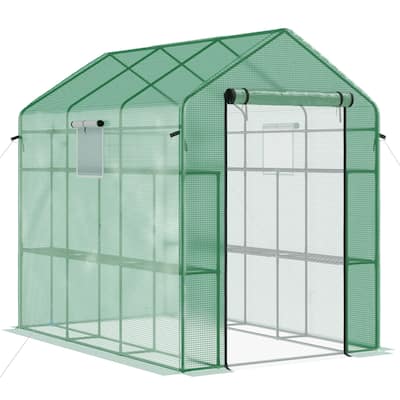 7' x 5' x 6' Walk-in Greenhouse with Mesh Door and Windows, 18 Shelf Hot House with Trellis, Plant Labels, UV protective
