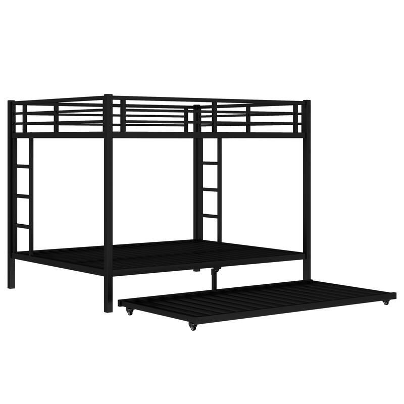 Black Metal Queen Over Queen Bunk Bed Frame with Trundle, 2 Side Ladders and Guardrails for Kids Teens