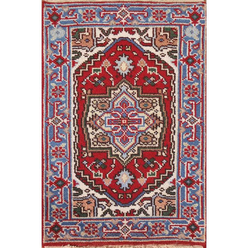 Red Geometric Heriz Serapi Indian Foyer Rug Hand-knotted Wool Carpet - 2'0"x 3'0"