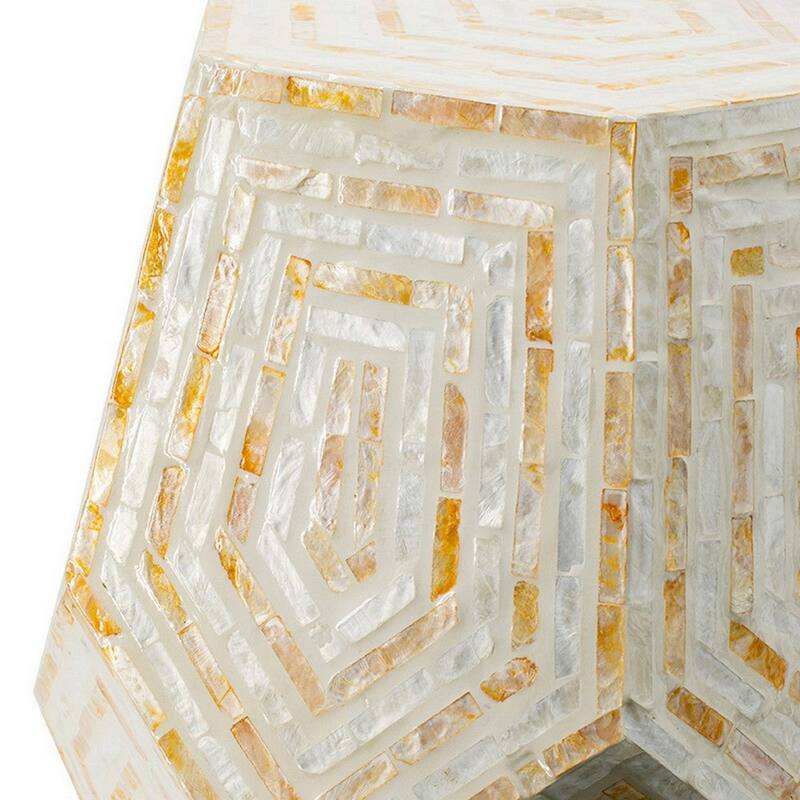 21 Inch Capiz Accent Stool Table, Hexagonal Drum, Angled Look, Beige White - 20.9 H x 18.1 W x 18.1 L