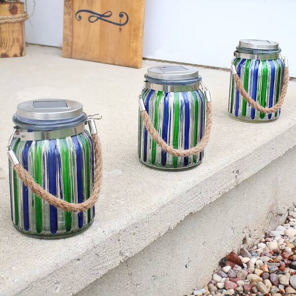 Shop Sunnydaze Solar Led Lantern Blue And Green Striped Light Set Of 3 Overstock 18826392