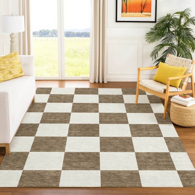 Machine Washable Indoor/ Outdoor Modern Checker Chantille Rug