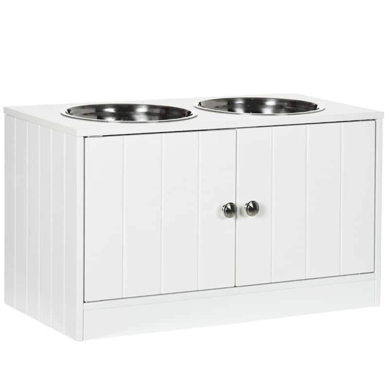 Elevated Pet Feeder Stand for Large Dogs with Storage Cabinet and 2 Stainless Steel Bowls - 23.5" L x 11.75" W x 14" H - White