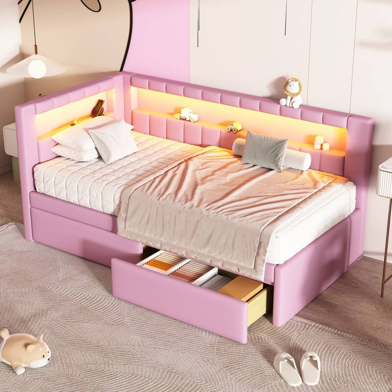 Twin Size Upholstered Platform Bed with 2 Drawers, USB Ports and LED Belt